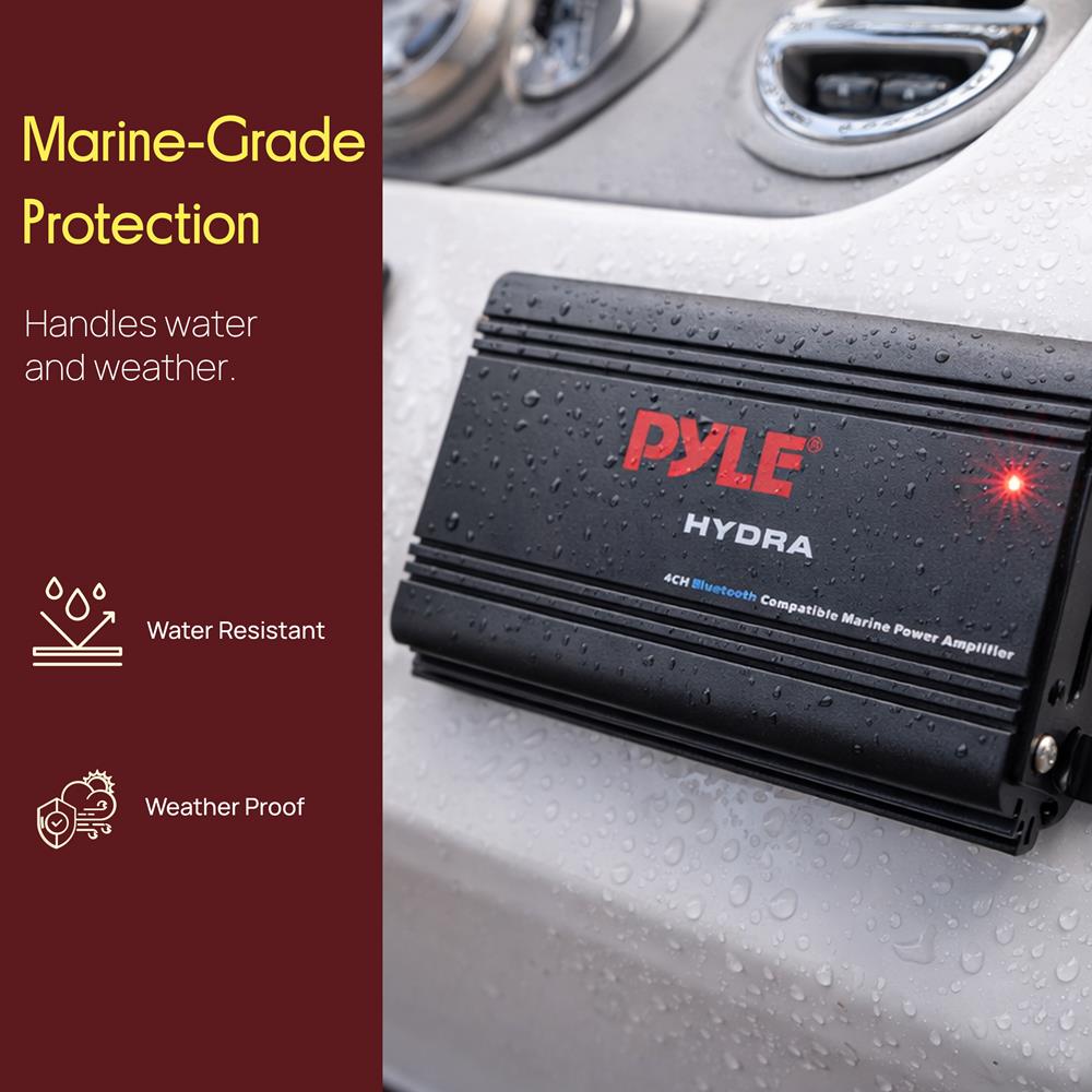 Pyle 200W RMS 4-Channel Marine Amplifier - Bluetooth Wireless Audio Streaming - Waterproof - Full Range Stereo w/ RCA - High Crossover HD Music - Multi-Channel System - Compact & Powerful - PLMRMB4CB