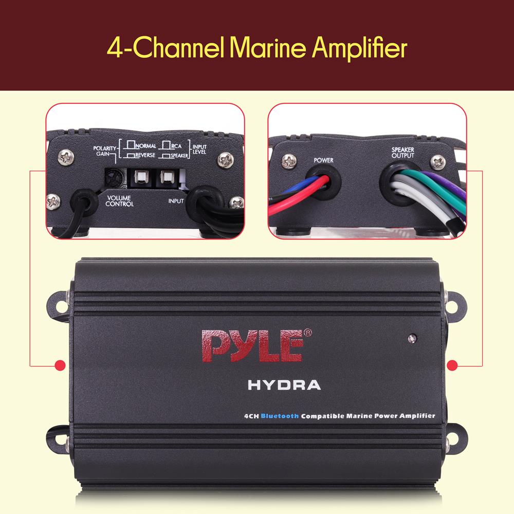 Pyle 200W RMS 4-Channel Marine Amplifier - Bluetooth Wireless Audio Streaming - Waterproof - Full Range Stereo w/ RCA - High Crossover HD Music - Multi-Channel System - Compact & Powerful - PLMRMB4CB