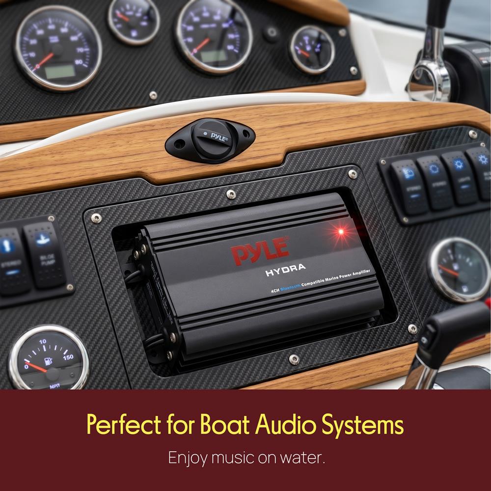 Pyle 200W RMS 4-Channel Marine Amplifier - Bluetooth Wireless Audio Streaming - Waterproof - Full Range Stereo w/ RCA - High Crossover HD Music - Multi-Channel System - Compact & Powerful - PLMRMB4CB