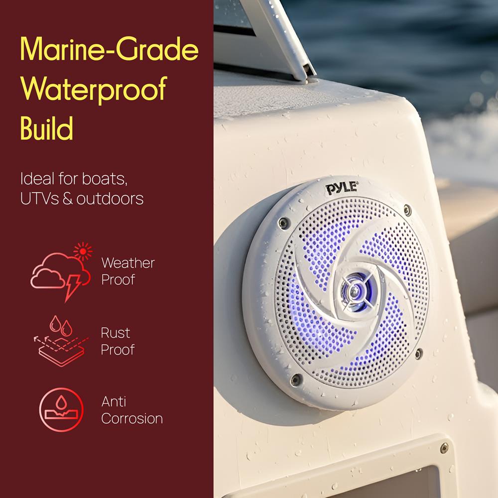 Pyle Marine Speakers - 5.25 Inch 2 Way Waterproof and Weather Resistant Outdoor Audio Stereo Sound System with LED Lights, 180 Watt Power and Low Profile Slim Style - 1 Pair - PLMRS53WL