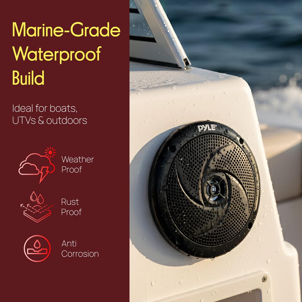Pyle PLMRS5B 5.25 Inch 180 Watt Waterproof Weather Resistant Outdoor Rated Low Profile Slim Style Marine Speakers, Black (2 Pack)