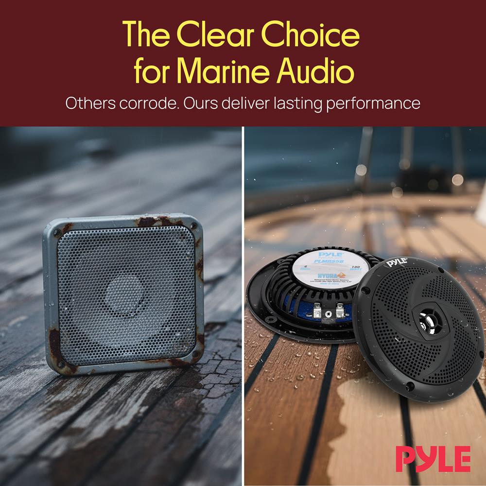Pyle PLMRS5B 5.25 Inch 180 Watt Waterproof Weather Resistant Outdoor Rated Low Profile Slim Style Marine Speakers, Black (2 Pack)