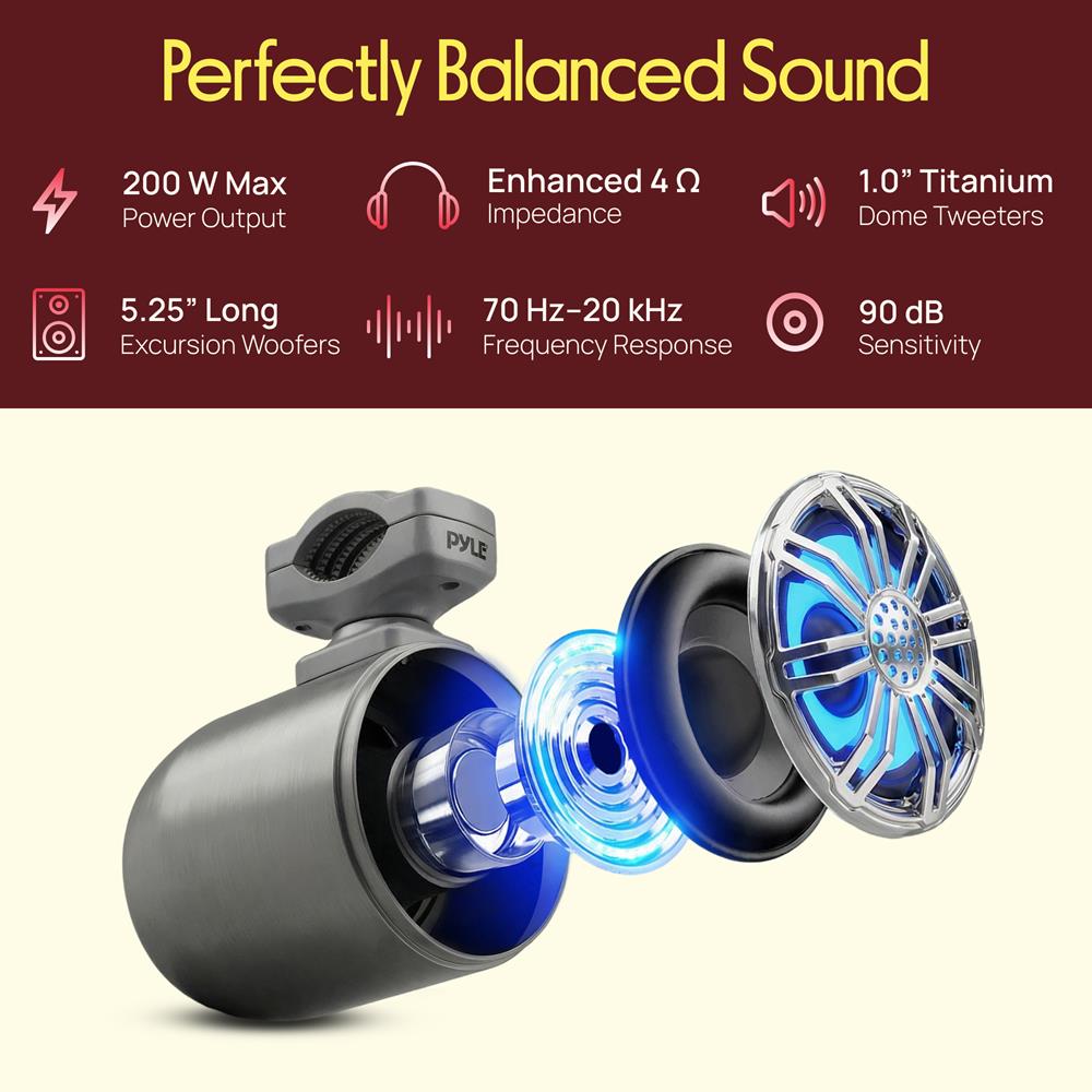 Pyle Marine Speakers - 5.25 Inch Waterproof IP44 Rated Wakeboard Tower and Weather Resistant Outdoor Audio Stereo Sound System with Built-in LED Lights - 1 Pair in Silver (PLMRWB50L)