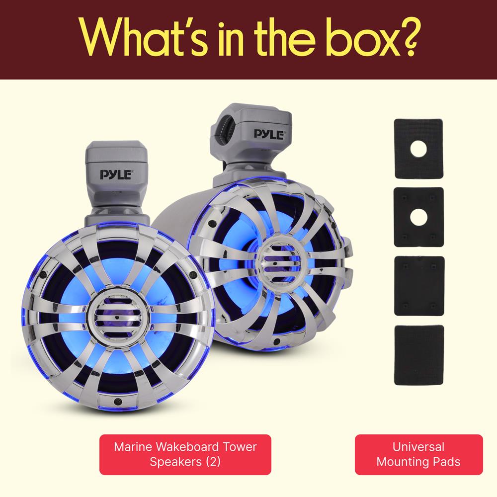 Pyle Marine Speakers - 5.25 Inch Waterproof IP44 Rated Wakeboard Tower and Weather Resistant Outdoor Audio Stereo Sound System with Built-in LED Lights - 1 Pair in Silver (PLMRWB50L)