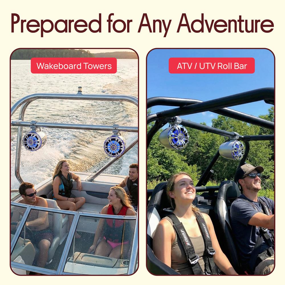 Pyle Marine Speakers - 5.25 Inch Waterproof IP44 Rated Wakeboard Tower and Weather Resistant Outdoor Audio Stereo Sound System with Built-in LED Lights - 1 Pair in Silver (PLMRWB50L)