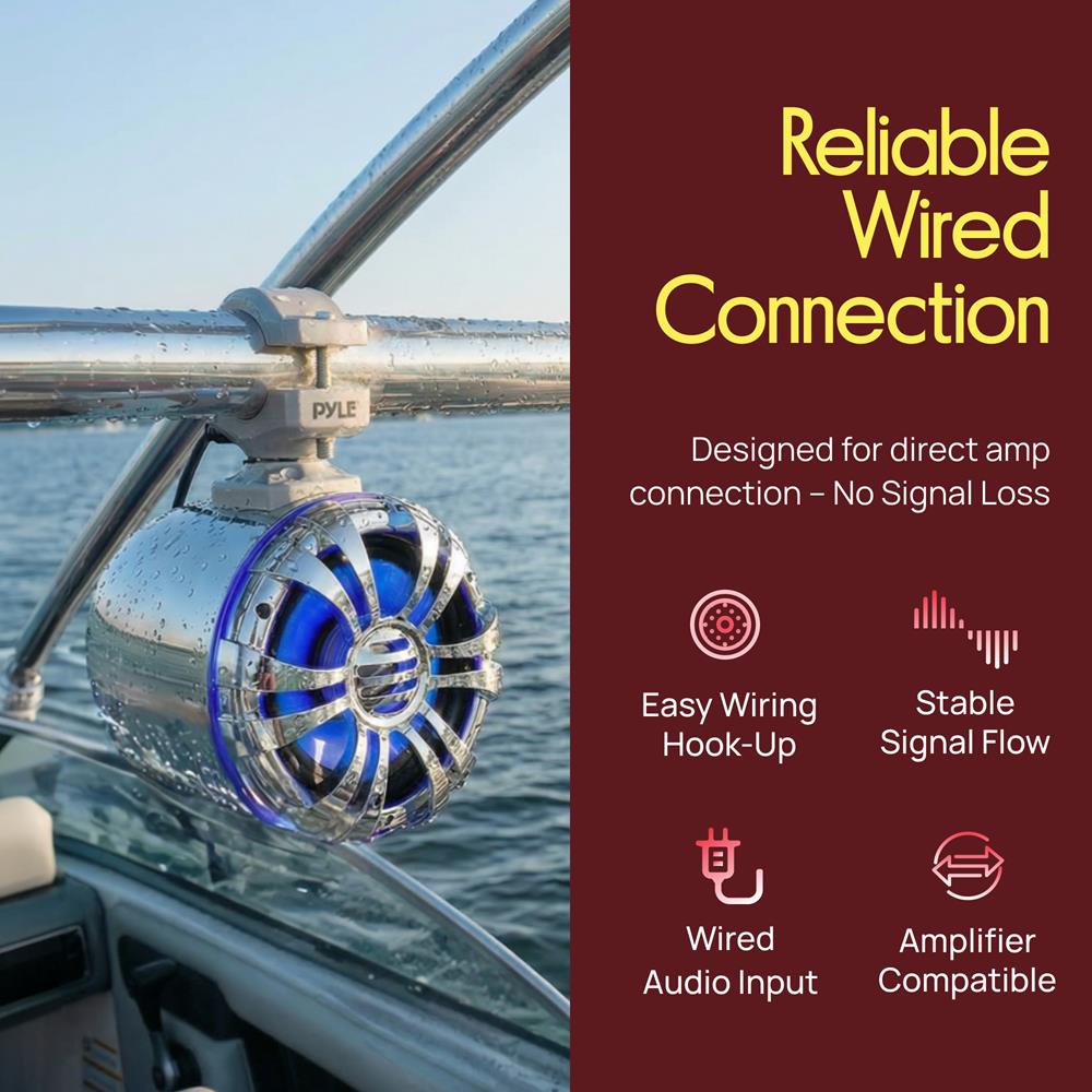 Pyle Marine Speakers - 5.25 Inch Waterproof IP44 Rated Wakeboard Tower and Weather Resistant Outdoor Audio Stereo Sound System with Built-in LED Lights - 1 Pair in Silver (PLMRWB50L)