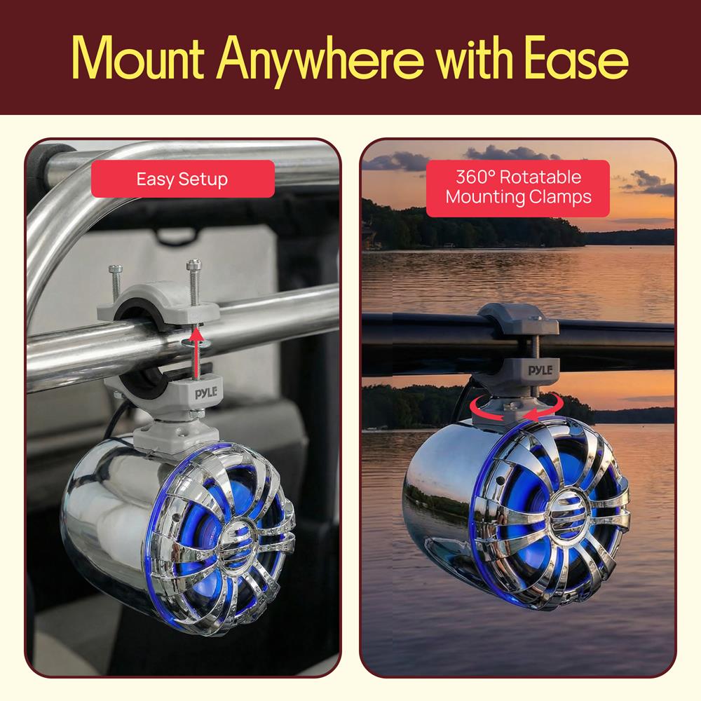 Pyle Marine Speakers - 5.25 Inch Waterproof IP44 Rated Wakeboard Tower and Weather Resistant Outdoor Audio Stereo Sound System with Built-in LED Lights - 1 Pair in Silver (PLMRWB50L)