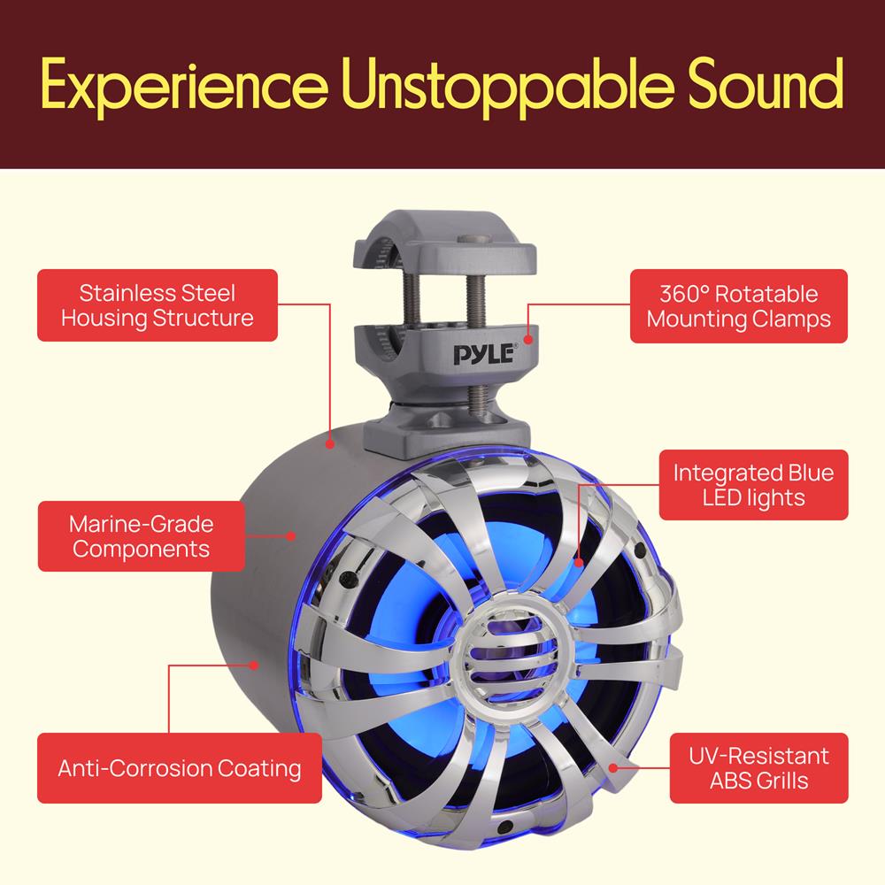 Pyle Marine Speakers - 5.25 Inch Waterproof IP44 Rated Wakeboard Tower and Weather Resistant Outdoor Audio Stereo Sound System with Built-in LED Lights - 1 Pair in Silver (PLMRWB50L)