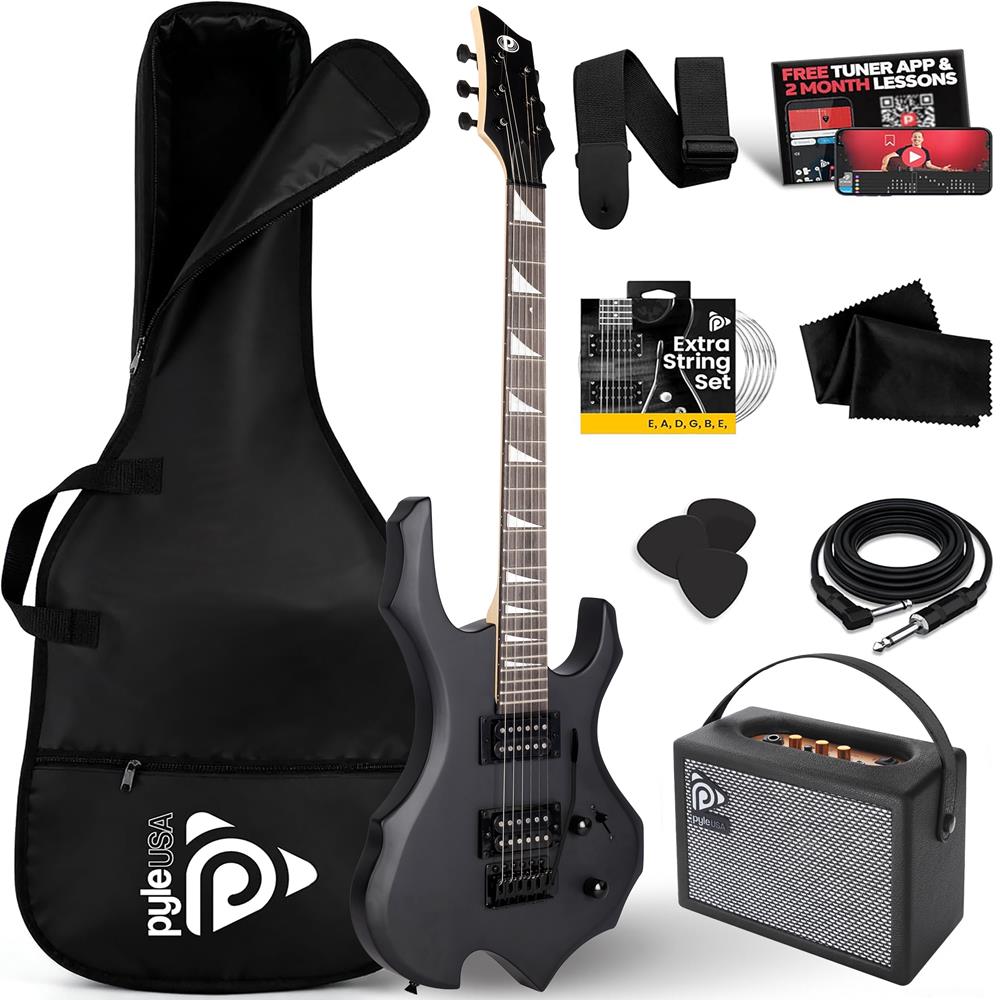 Pyle Heavy Metal EG Fire Electric Guitar Axe w/ Amplifier Kit, Full Size Instrument w/ Practice Amp & Accessories, Black Matte