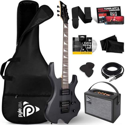 Pyle Heavy Metal EG Fire Electric Guitar Axe w/ Amplifier Kit, Full Size Instrument w/ Practice Amp & Accessories, Black Matte