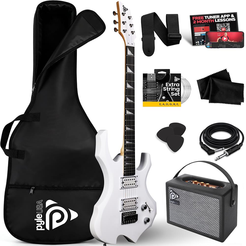 Pyle Heavy Metal EG Fire Electric Guitar Axe w/ Amplifier Kit, Full Size Instrument w/ Practice Amp & Accessories, White Matte