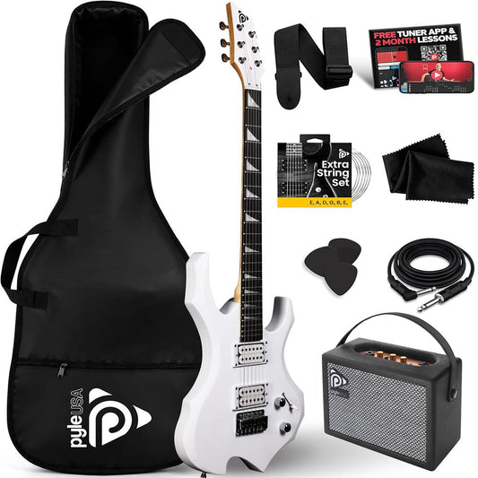 Pyle Heavy Metal EG Fire Electric Guitar Axe w/ Amplifier Kit, Full Size Instrument w/ Practice Amp & Accessories, White Matte