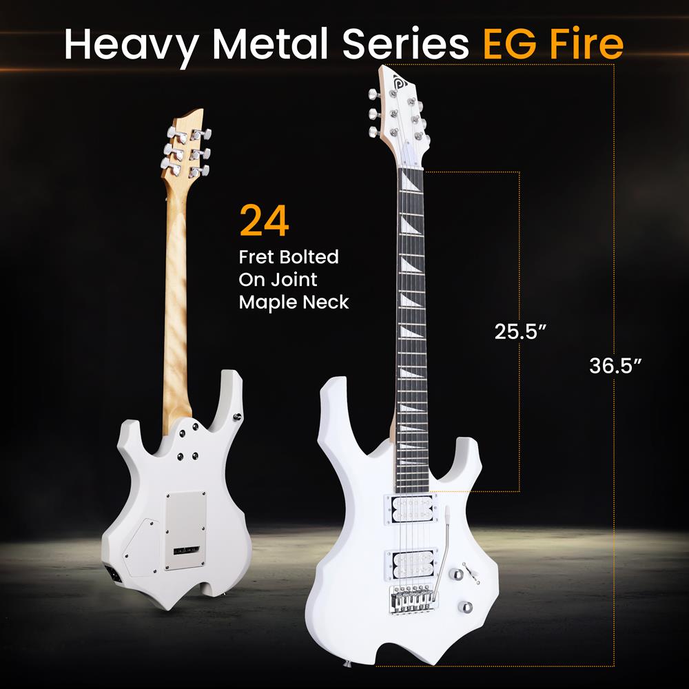 Pyle Heavy Metal EG Fire Electric Guitar Axe w/ Amplifier Kit, Full Size Instrument w/ Practice Amp & Accessories, White Matte
