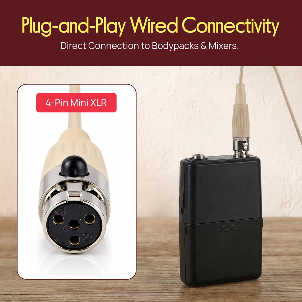 Pyle Pro Double Over Ear Microphone Headset - Professional Hands-Free Omni-Directional Wired Boom Condenser Microphone with 4 Pin Mini XLR, 1.2M Cable, Windscreen (Beige)