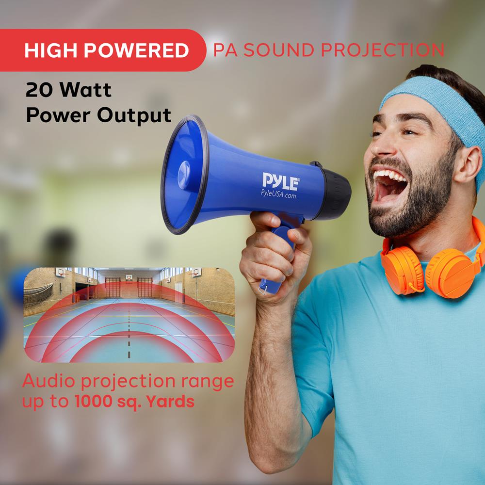 Pyle PMP21BL Portable Megaphone Speaker Siren Bullhorn - Compact and Battery Operated with 20 Watt Power, Microphone, 2 Modes, PA Sound and Foldable Handle for Cheerleading and Police Use, Blue