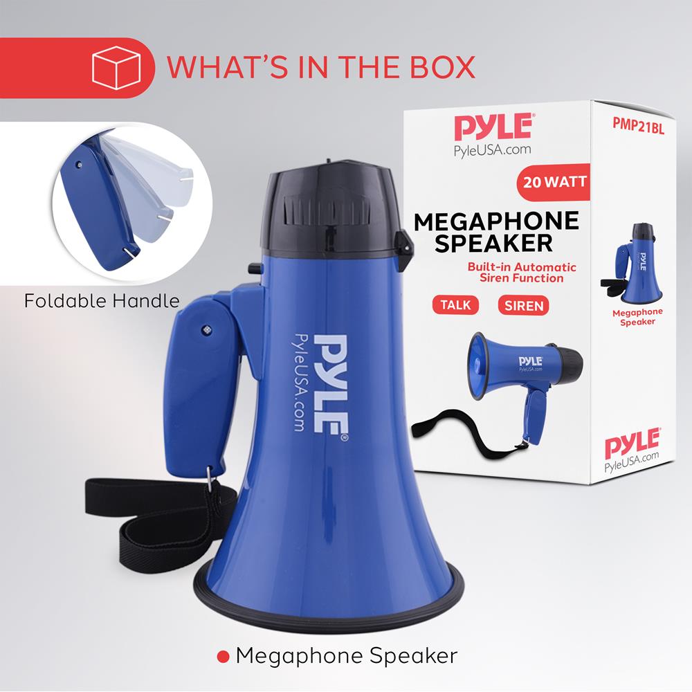 Pyle PMP21BL Portable Megaphone Speaker Siren Bullhorn - Compact and Battery Operated with 20 Watt Power, Microphone, 2 Modes, PA Sound and Foldable Handle for Cheerleading and Police Use, Blue