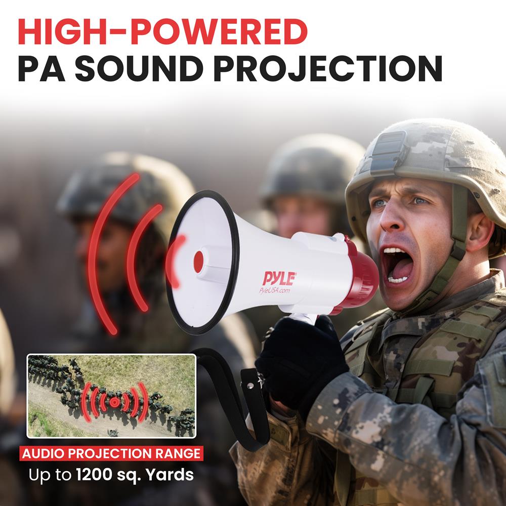 Pyle Lightweight 30-Watt Megaphone Bullhorn Speaker - Adjustable Volume, Built-in Siren for 800-Yard Range Suitable for Indoor/Outdoor Sports, Cheerleading, and Events (PMP30)