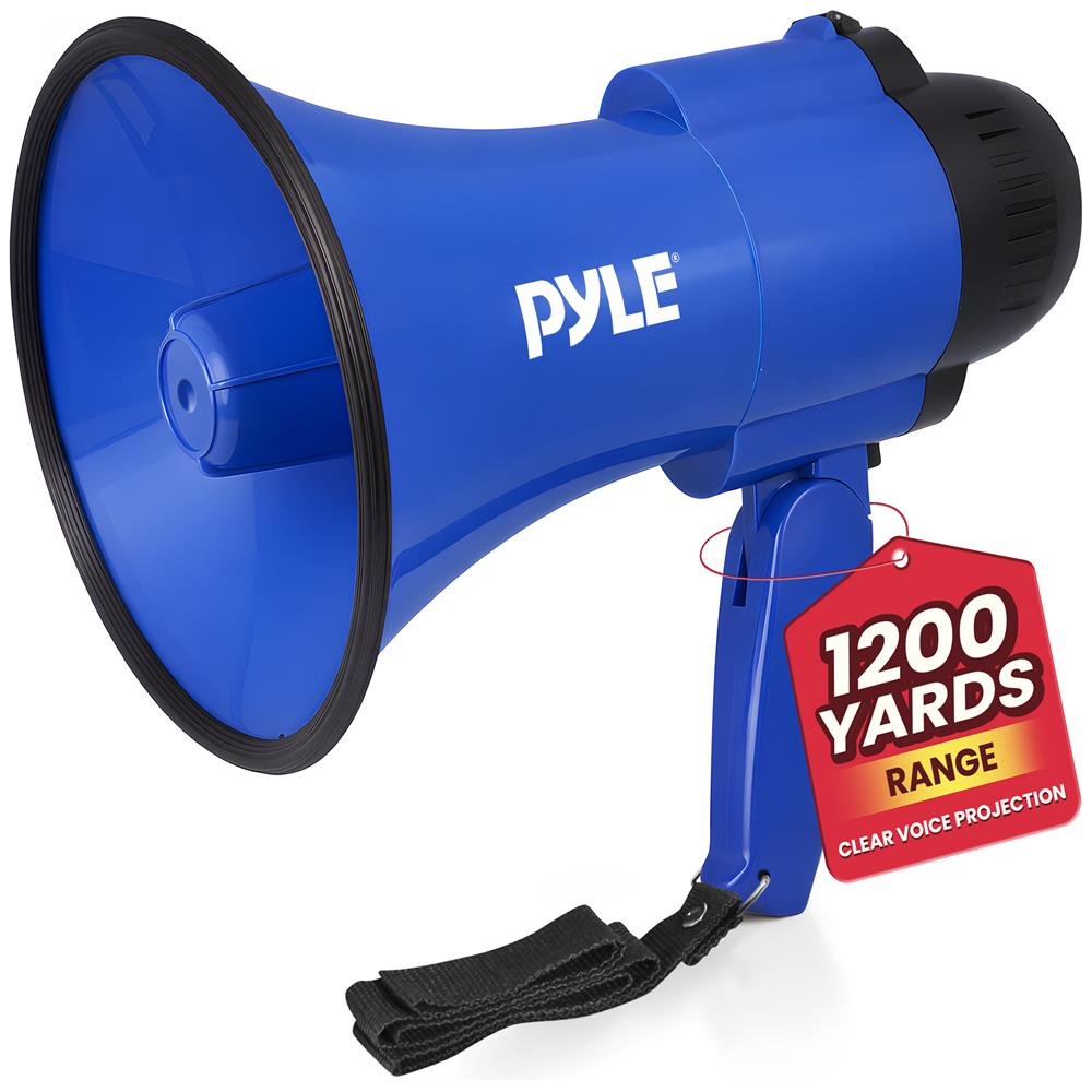 Pyle Compact Battery-Operated Megaphone with Siren - 30 Watt Power, Microphone, 2 Modes, PA Sound, Bullhorn, Foldable Handle for Cheerleading, Police Use (Blue)