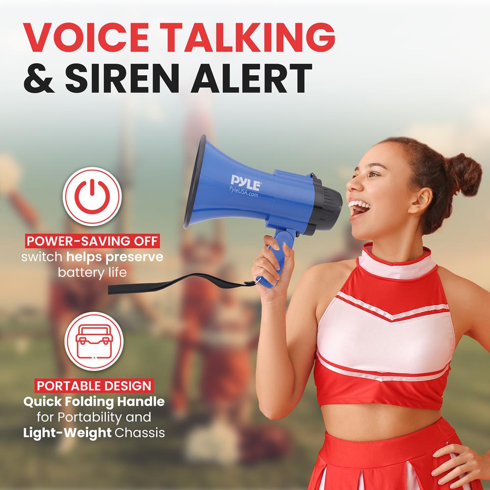 Pyle Compact Battery-Operated Megaphone with Siren - 30 Watt Power, Microphone, 2 Modes, PA Sound, Bullhorn, Foldable Handle for Cheerleading, Police Use (Blue)