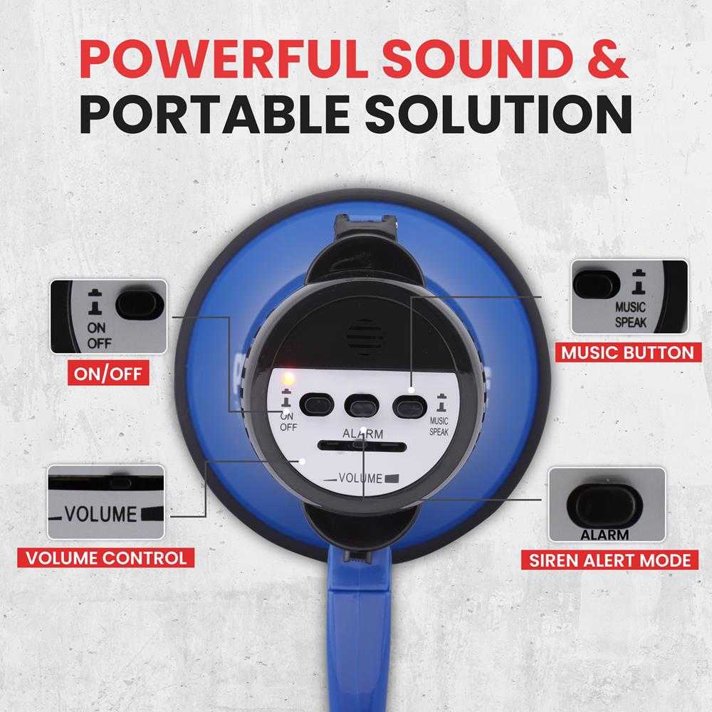 Pyle Compact Battery-Operated Megaphone with Siren - 30 Watt Power, Microphone, 2 Modes, PA Sound, Bullhorn, Foldable Handle for Cheerleading, Police Use (Blue)