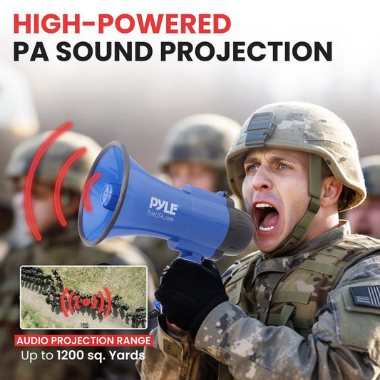 Pyle Compact Battery-Operated Megaphone with Siren - 30 Watt Power, Microphone, 2 Modes, PA Sound, Bullhorn, Foldable Handle for Cheerleading, Police Use (Blue)
