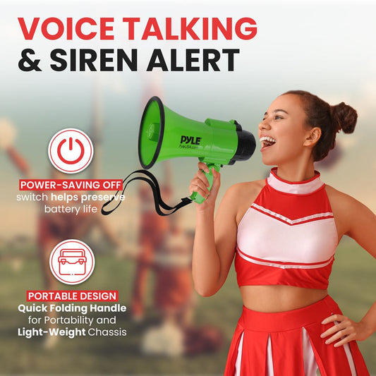 Pyle Compact Battery-Operated Megaphone with Siren - 30 Watt Power, Microphone, 2 Modes, PA Sound, Bullhorn, Foldable Handle for Cheerleading, Police Use (Green)