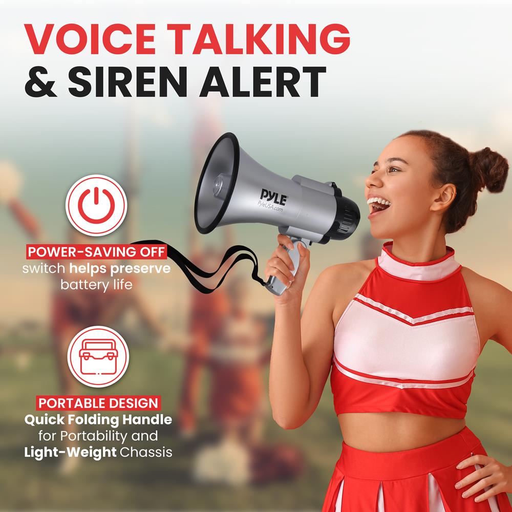 Pyle Portable Megaphone Speaker Siren Bullhorn-Compact and Battery Operated with 30 Watt Power,Microphone,2 Modes,PA Sound and Foldable Handle for Cheerleading and Police Use-Pyle PMP33SL(Silver)