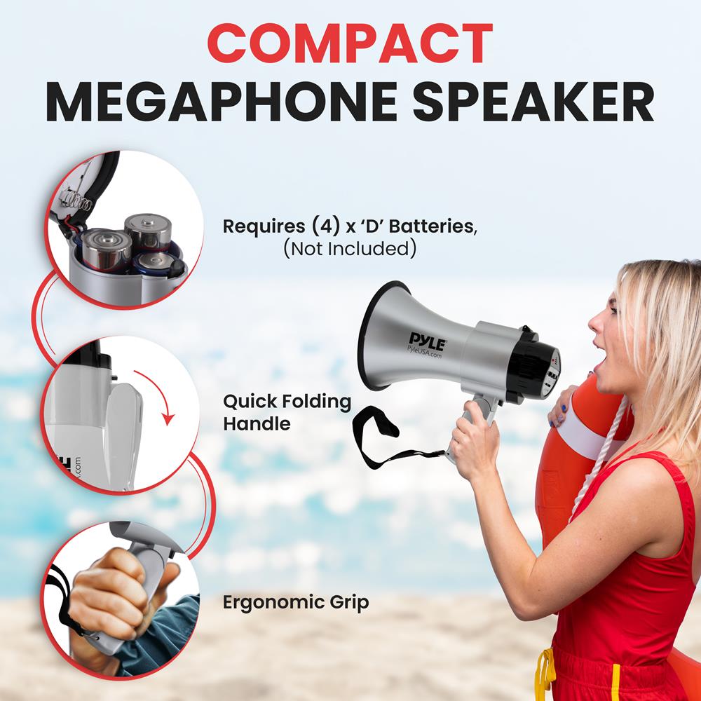Pyle Portable Megaphone Speaker Siren Bullhorn-Compact and Battery Operated with 30 Watt Power,Microphone,2 Modes,PA Sound and Foldable Handle for Cheerleading and Police Use-Pyle PMP33SL(Silver)