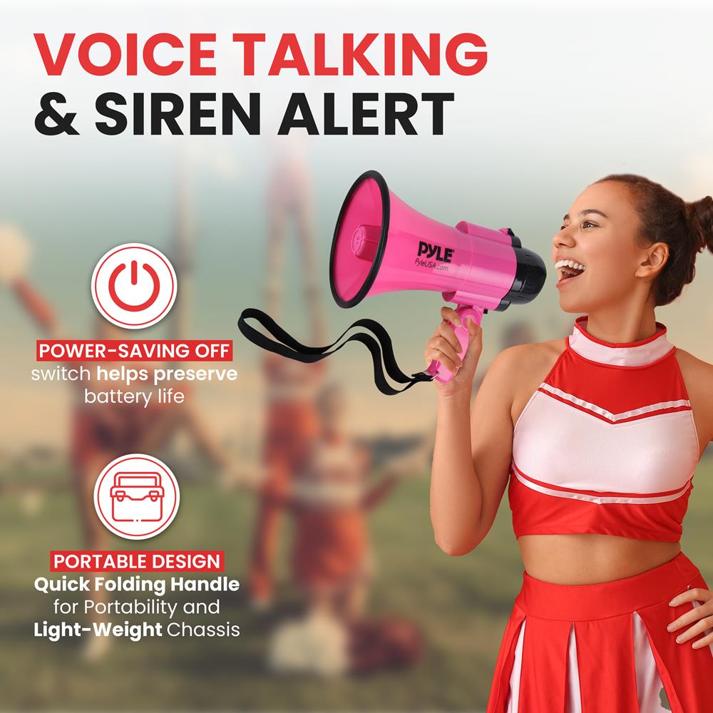 PYLE Portable Megaphone Speaker Siren Bullhorn - Compact and Battery Operated with 30 Watt Power, Microphone, 2 Modes, PA Sound and Foldable Handle for Cheerleading and Police Use PMP34PK