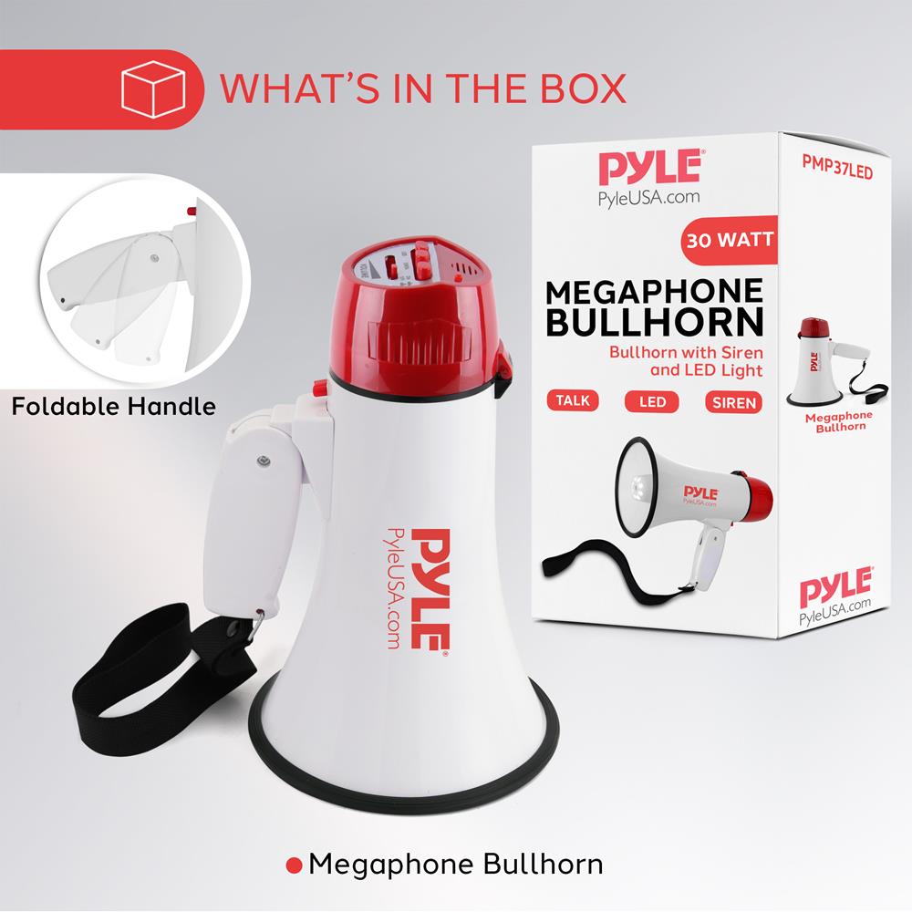 Pyle Megaphone Bull Horn Loud PA Speaker with 30W Power and Adjustable Volume Control, 800 Yard Range, Lightweight Portable Design, Ideal for Outdoor Sports, Cheerleading and Coaches