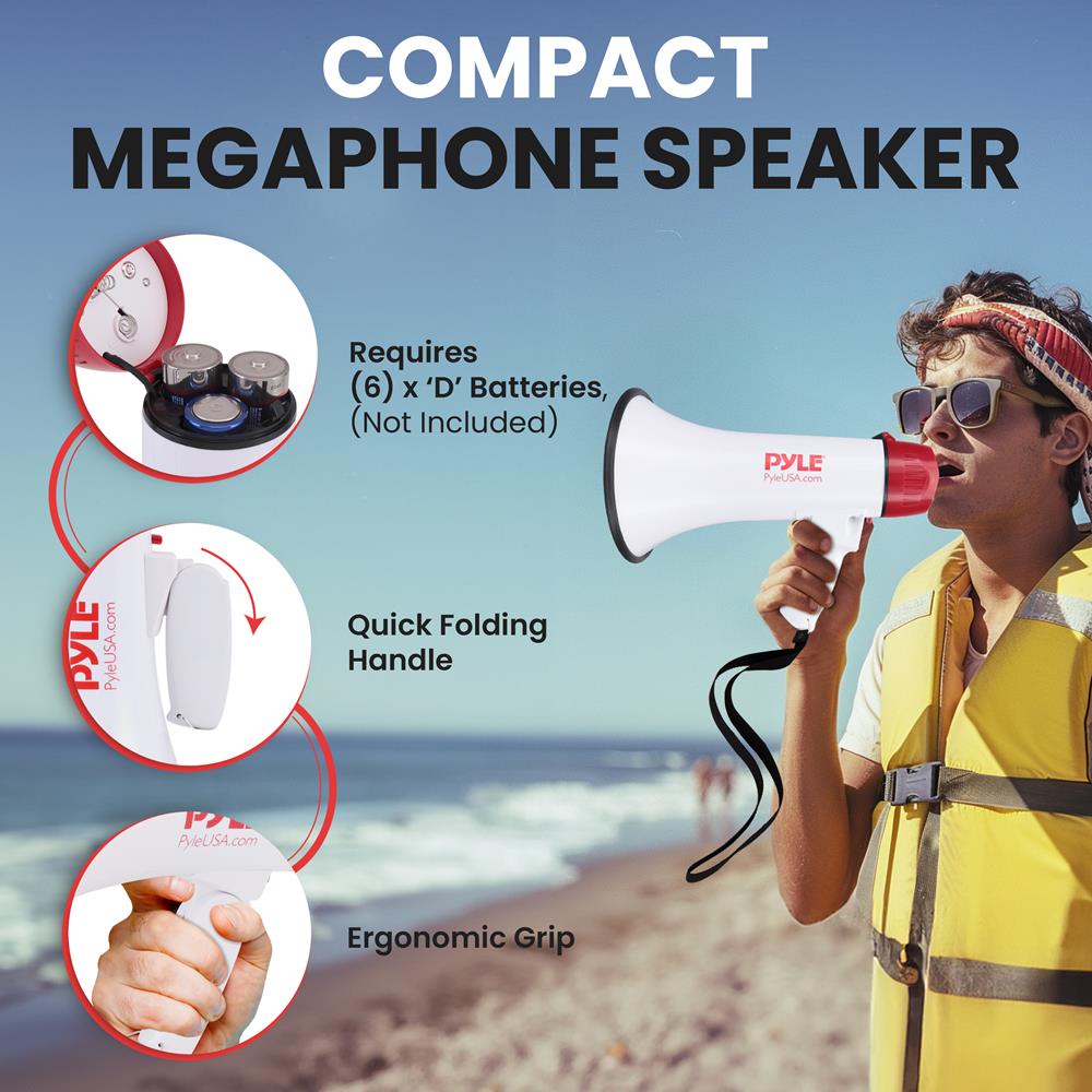 Pyle Megaphone Speaker PA Bullhorn Built-in Siren - Adjustable Volume Control & 800 Yard Range - for Football, Soccer, Baseball, Hockey & Basketball Cheerleading Fans & Coaches or for Safety Drills