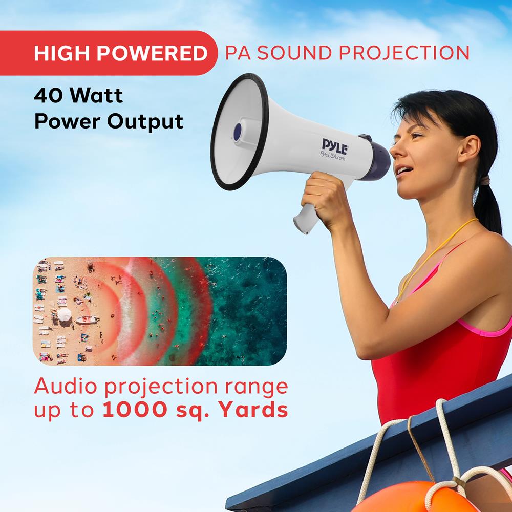 Pyle Compact Portable PA Megaphone Speaker - 40W Handheld Bullhorn with LED Flashlight, Alarm Siren, Adjustable Volume, Detachable Microphone, Battery Powered for Indoor & Outdoor Use