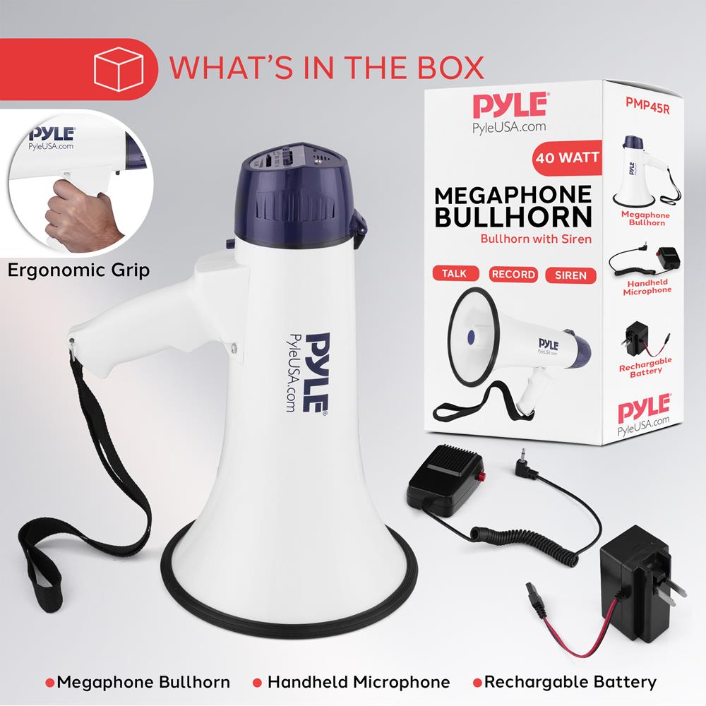 Pyle Compact Portable PA Megaphone Speaker - 40W Handheld Bullhorn with LED Flashlight, Alarm Siren, Adjustable Volume, Detachable Microphone, Battery Powered for Indoor & Outdoor Use