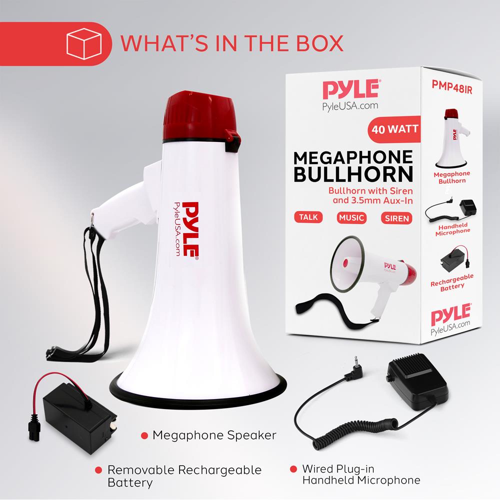 Pyle Megaphone Speaker PA Bullhorn - Built-in Siren Rechargeable Battery, Auxiliary Jack 40Watts & 1000 Yard Range - Record Function Ideal for Cheerleading Fans, Coaches or for Safety Drills - PMP48IR