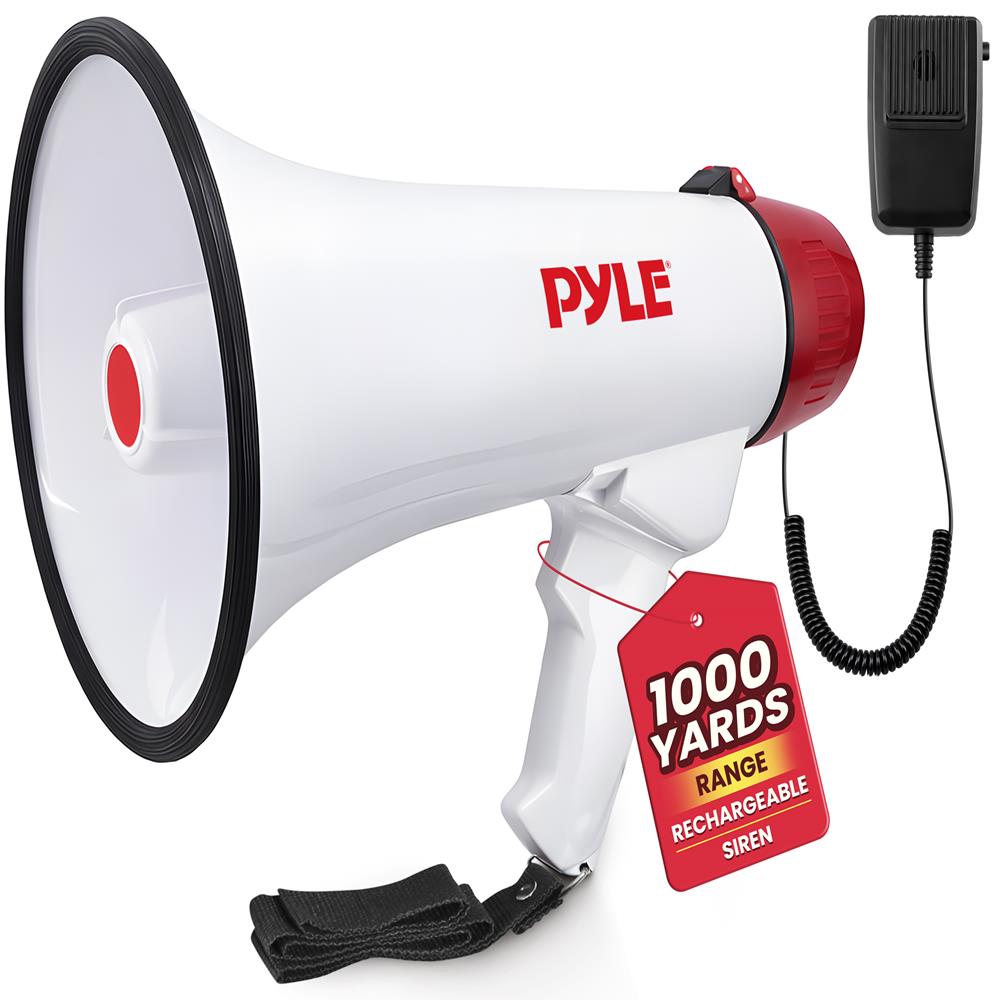 Pyle Megaphone Speaker PA Bullhorn - Built-in Siren Rechargeable Battery, Auxiliary Jack 40Watts & 1000 Yard Range - Record Function Ideal for Cheerleading Fans, Coaches or for Safety Drills - PMP48IR