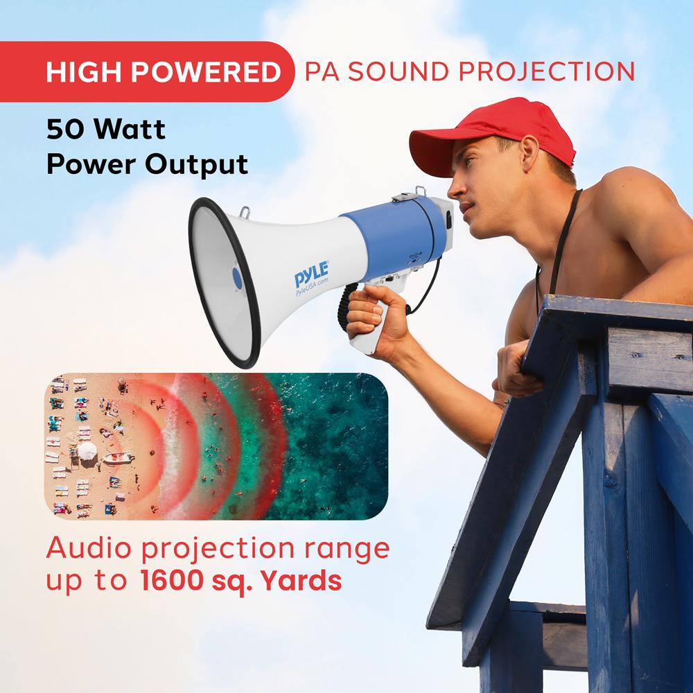 PYLE Portable Megaphone Speaker PA Bullhorn - Built-in Siren, 50W Adjustable Volume Control in 1200 Yard Range, Ideal for Any Outdoor Sports, Cheerleading Fans & Coaches, or for Safety Drills