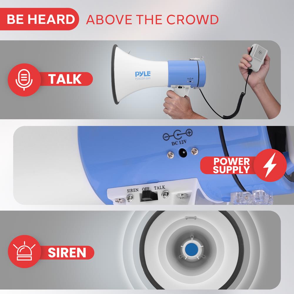 PYLE Portable Megaphone Speaker PA Bullhorn - Built-in Siren, 50W Adjustable Volume Control in 1200 Yard Range, Ideal for Any Outdoor Sports, Cheerleading Fans & Coaches, or for Safety Drills