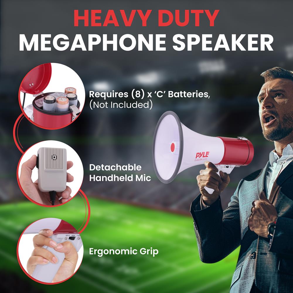 Pyle Portable Megaphone Speaker PA Bullhorn-Built-in Siren, 50W Adjustable Volume Control &1200 Yard Range-Ideal for Any Outdoor Sports, Cheerleading Fans & Coaches or for Safety Drills - PMP52BT