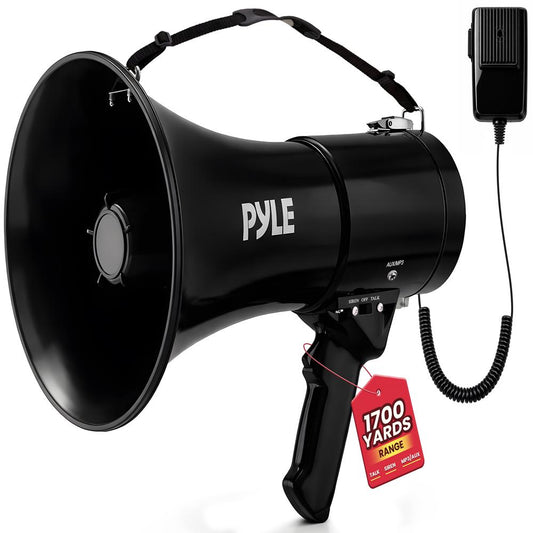 PYLE-PRO 50W Megaphone Speaker PA Bullhorn, Black Aux Input, Adjustable Volume, Siren, 35mm Aux Input, Ideal for Sports Events & Emergency Drills- PMP53IN
