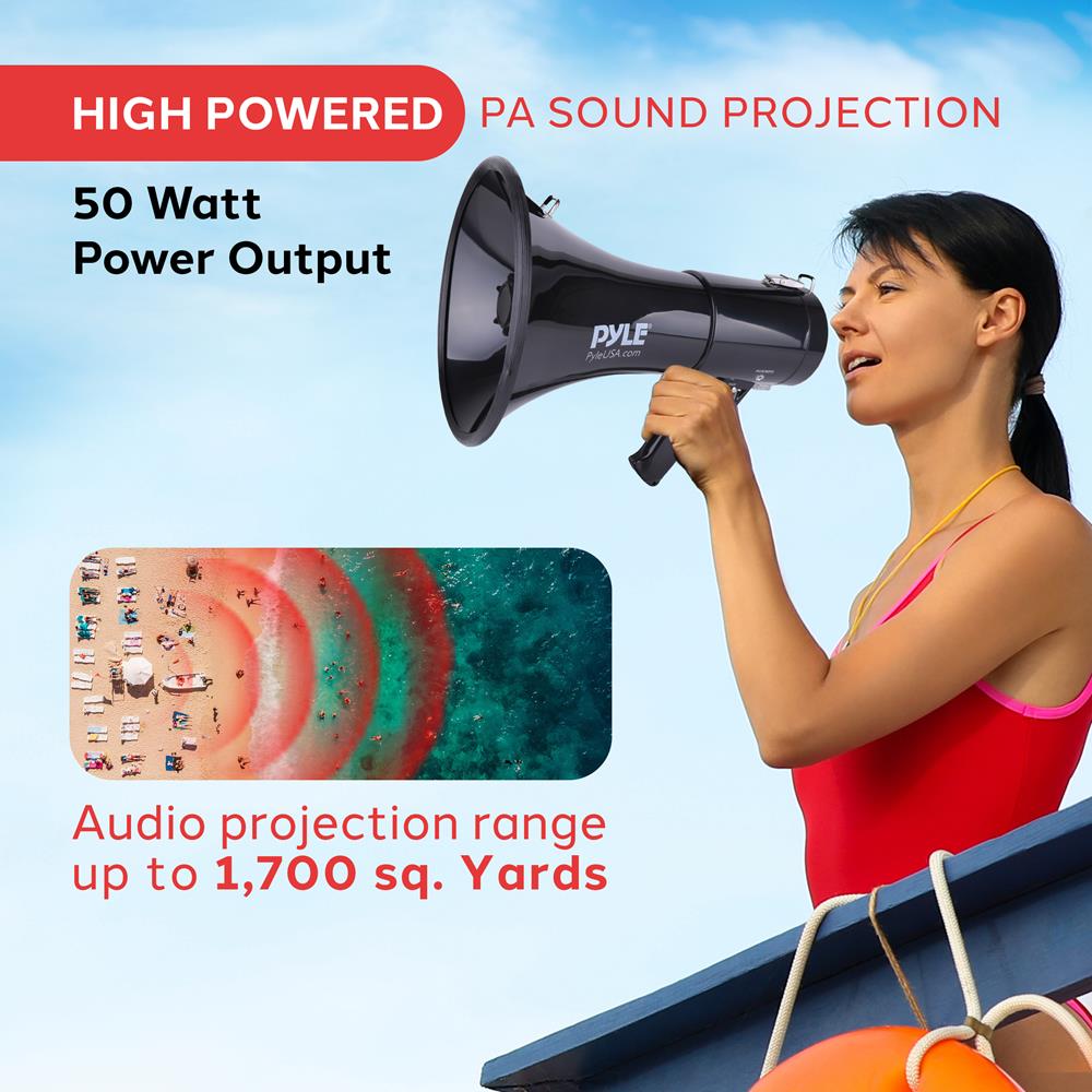 PYLE-PRO 50W Megaphone Speaker PA Bullhorn, Black Aux Input, Adjustable Volume, Siren, 35mm Aux Input, Ideal for Sports Events & Emergency Drills- PMP53IN