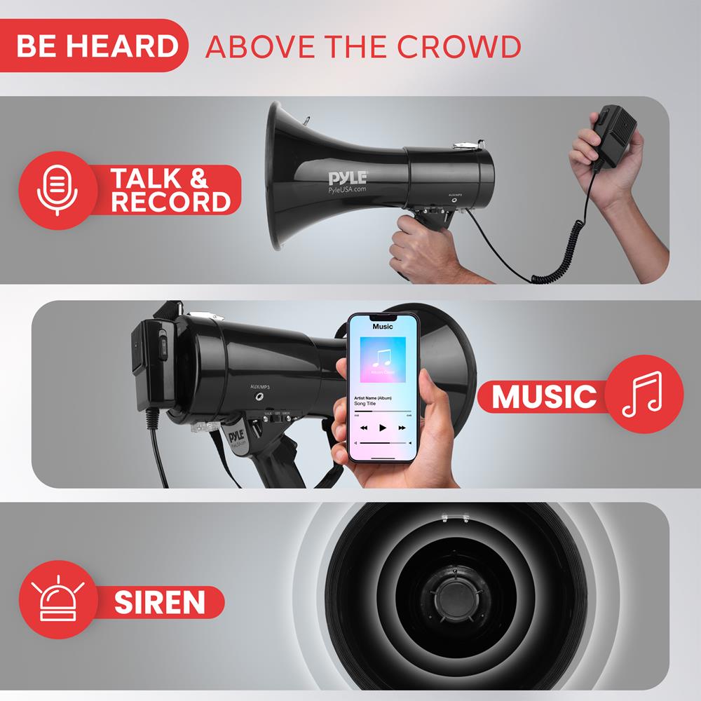 PYLE-PRO 50W Megaphone Speaker PA Bullhorn, Black Aux Input, Adjustable Volume, Siren, 35mm Aux Input, Ideal for Sports Events & Emergency Drills- PMP53IN