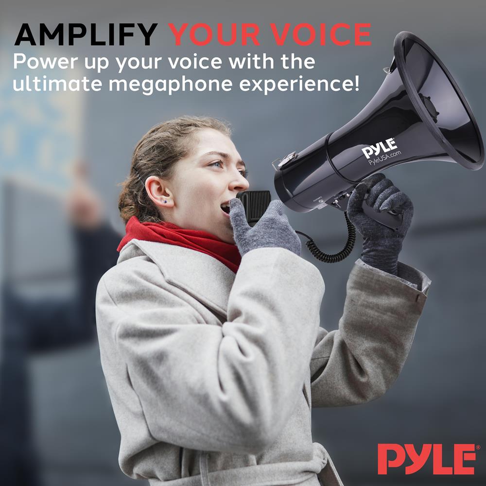 PYLE-PRO 50W Megaphone Speaker PA Bullhorn, Black Aux Input, Adjustable Volume, Siren, 35mm Aux Input, Ideal for Sports Events & Emergency Drills- PMP53IN