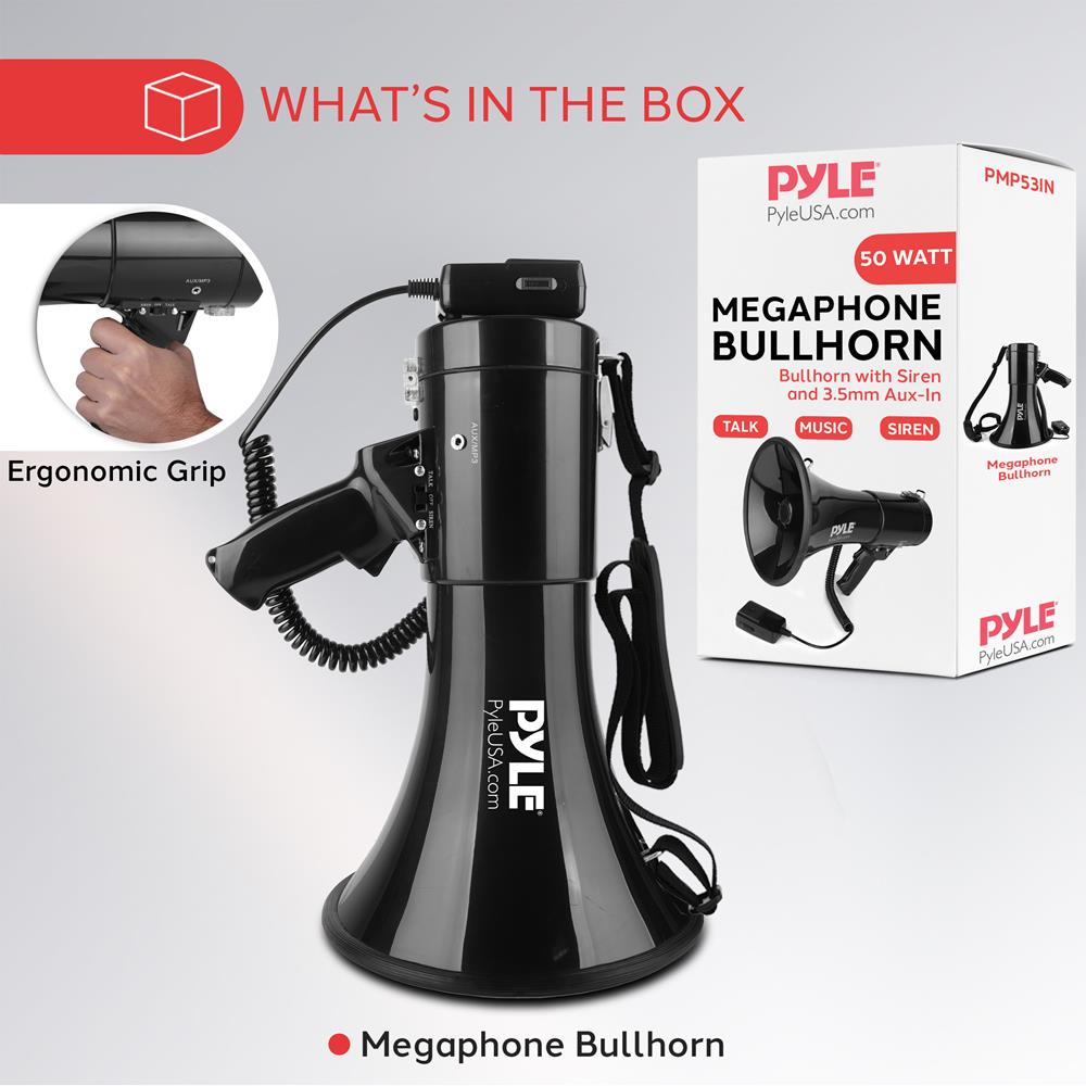 PYLE-PRO 50W Megaphone Speaker PA Bullhorn, Black Aux Input, Adjustable Volume, Siren, 35mm Aux Input, Ideal for Sports Events & Emergency Drills- PMP53IN