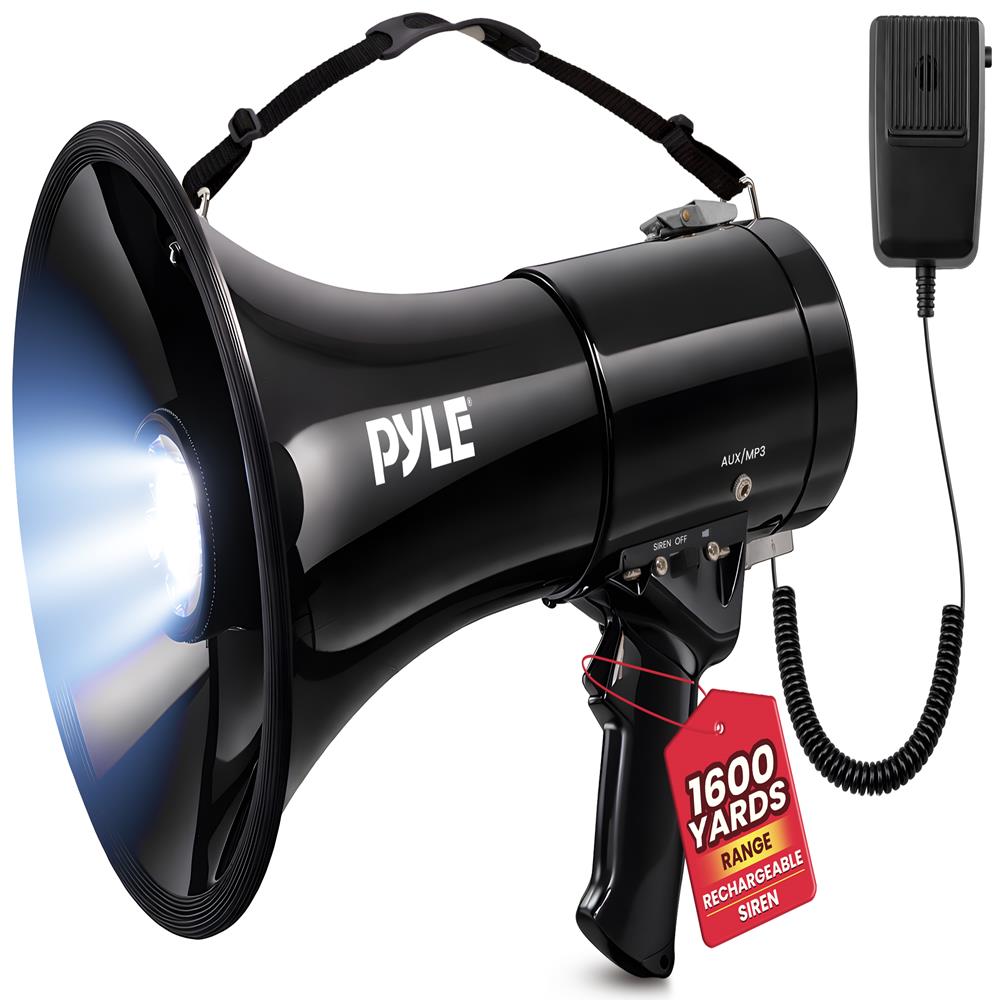 Pyle 50W Portable Megaphone Bullhorn Speaker with Microphone, 1200 Yard Range for Indoor/Outdoor Use, Alarm Siren & Adjustable Volume for Cheerleading Fans, Coaches or Safety Drills