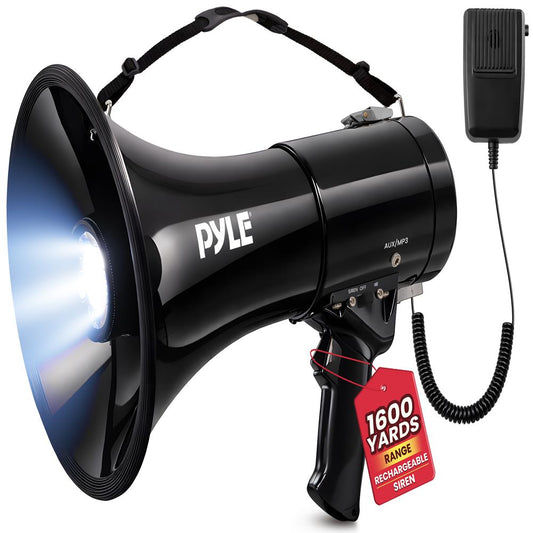 Pyle 50W Portable Megaphone Bullhorn Speaker with Microphone, 1200 Yard Range for Indoor/Outdoor Use, Alarm Siren & Adjustable Volume for Cheerleading Fans, Coaches or Safety Drills
