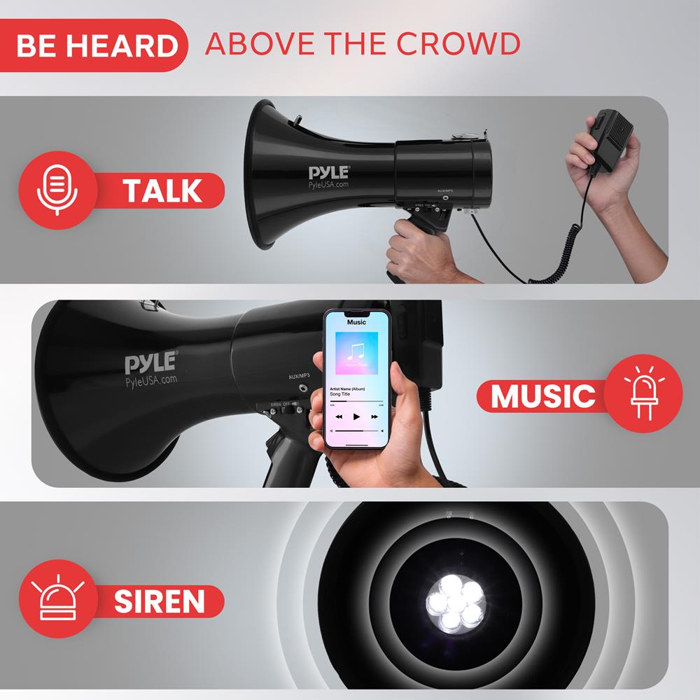 Pyle 50W Portable Megaphone Bullhorn Speaker with Microphone, 1200 Yard Range for Indoor/Outdoor Use, Alarm Siren & Adjustable Volume for Cheerleading Fans, Coaches or Safety Drills
