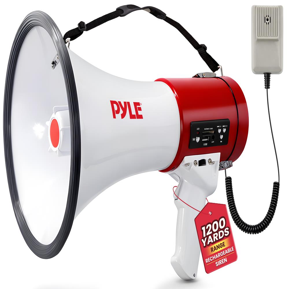 Pyle Megaphone 50-Watt Siren Bullhorn - Bullhorn Speaker w/ Detachable Microphone, Portable Lightweight Strap & Rechargeable Battery - Professional Outdoor Voice for Police & Cheerleading - PMP57LIA