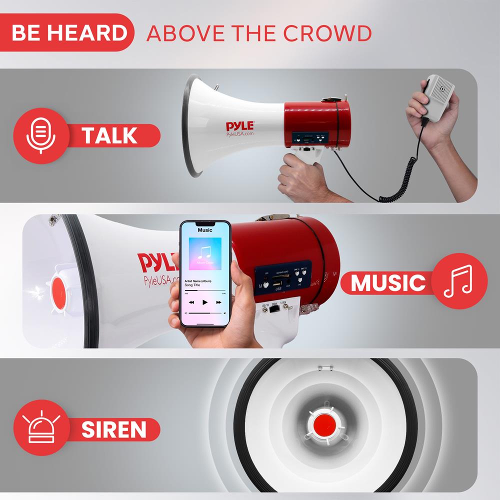 Pyle Megaphone 50-Watt Siren Bullhorn - Bullhorn Speaker w/ Detachable Microphone, Portable Lightweight Strap & Rechargeable Battery - Professional Outdoor Voice for Police & Cheerleading - PMP57LIA