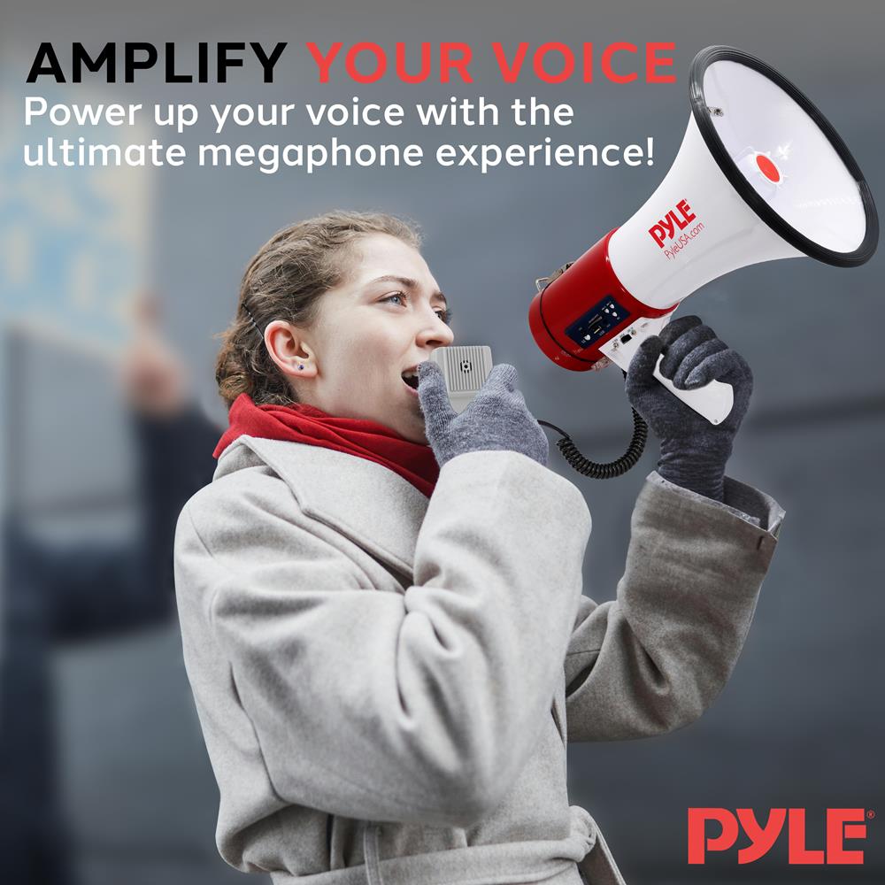 Pyle Megaphone 50-Watt Siren Bullhorn - Bullhorn Speaker w/ Detachable Microphone, Portable Lightweight Strap & Rechargeable Battery - Professional Outdoor Voice for Police & Cheerleading - PMP57LIA