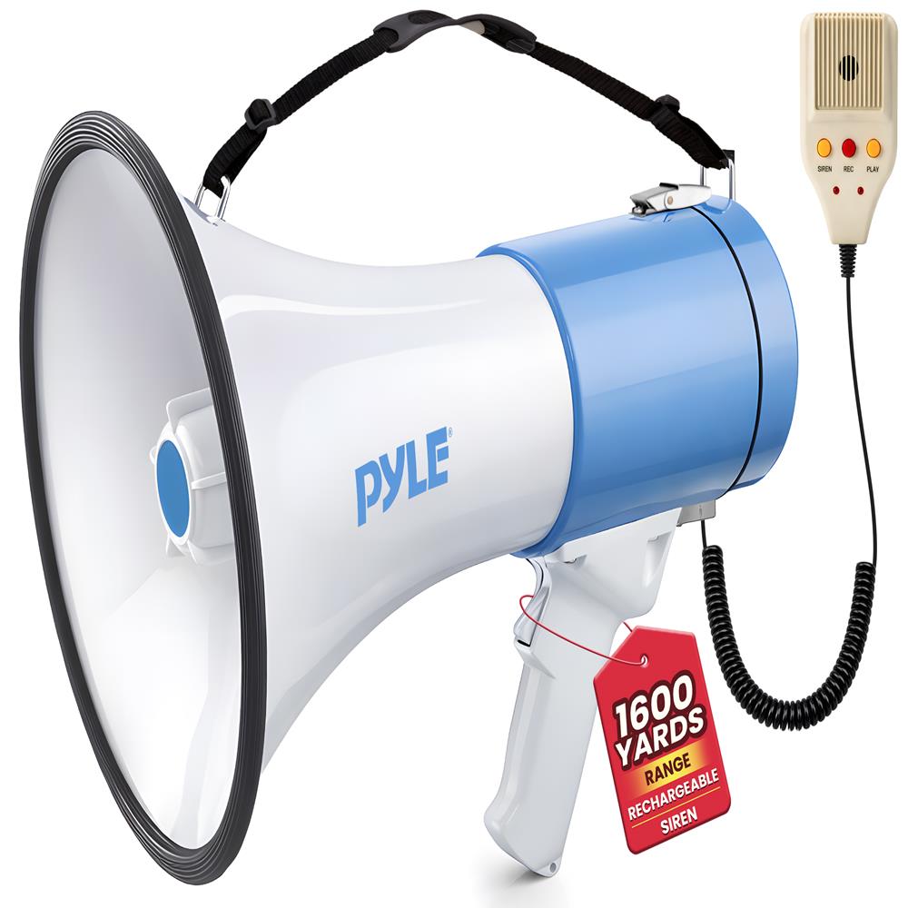 Pyle 50W Megaphone Bullhorn Speaker with Built-in Siren, Rechargeable Battery, 10-Second Record Function, Loud & Clear Sound for Sports Fans, Coaches, Cheerleading, or Safety Drills (PMP59IR)